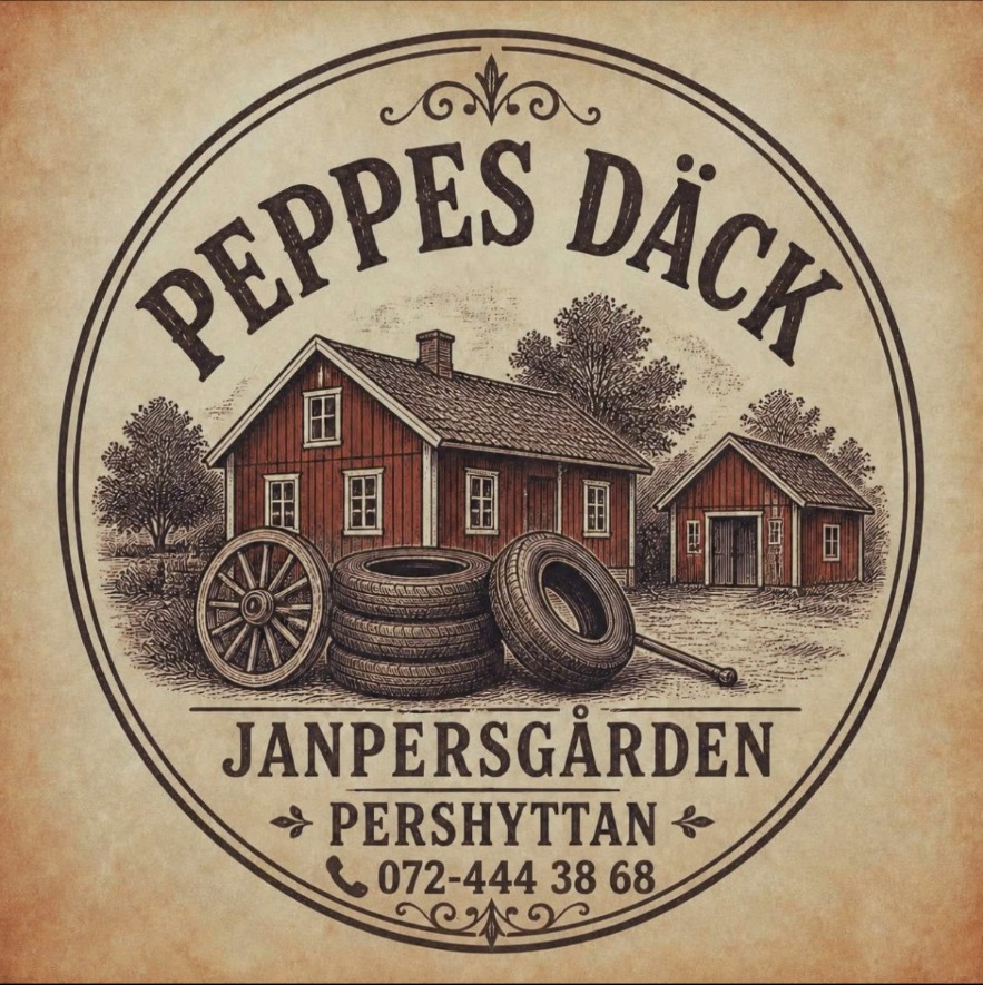 Peppes Däcks emblem med gårdshus och däck